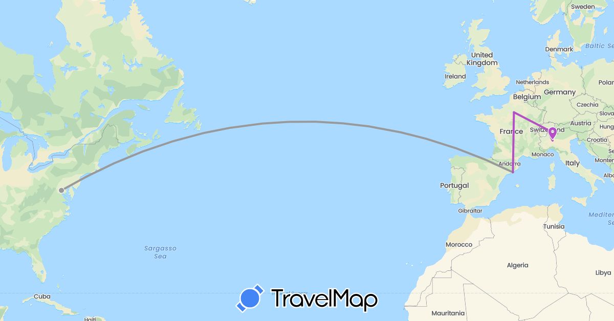 TravelMap itinerary: driving, plane, train in Switzerland, Spain, France, Italy, United States (Europe, North America)